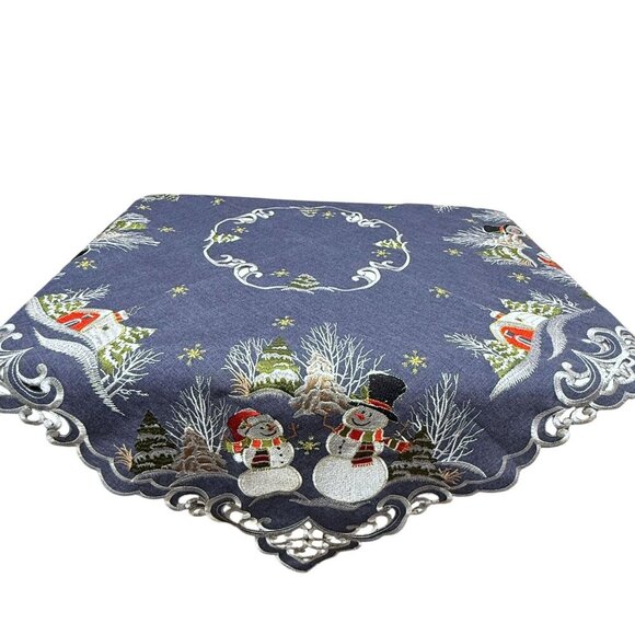 Christmas Tablecloth Holiday Snowmen Blue 32" Square Topper Embroidered - Picture 3 of 9